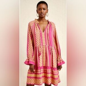 Maeve By Anthroplogie Dominique Tunic Dress Pink Yellow Tassels SZ XS